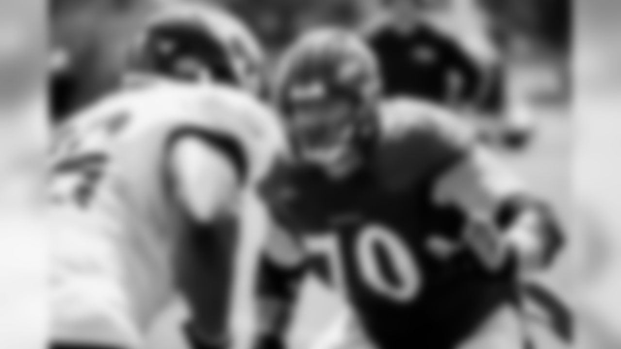 The Baltimore Ravens hold a joint training camp practice with the Jacksonville Jaguars at the Under Armour Performance Center on August 6, 2019 in Owings Mills, MD.