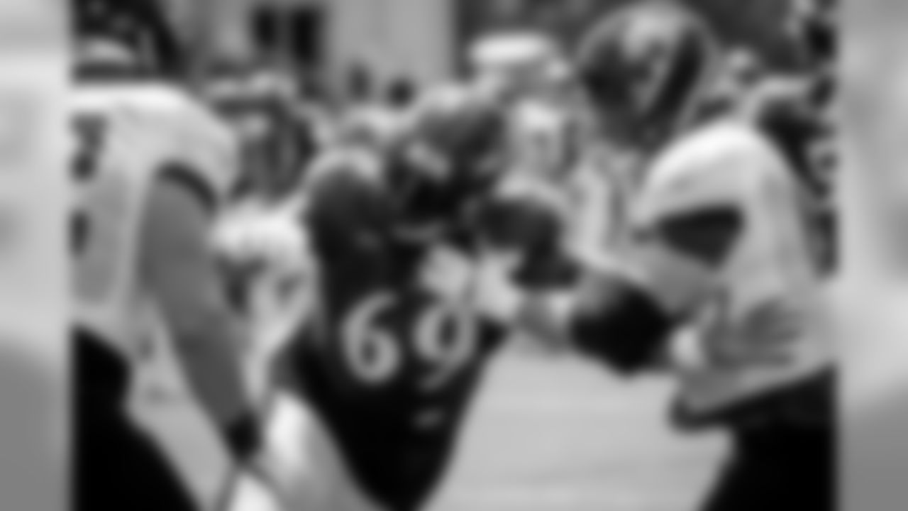 The Baltimore Ravens hold a joint training camp practice with the Jacksonville Jaguars at the Under Armour Performance Center on August 5, 2019 in Owings Mills, MD.