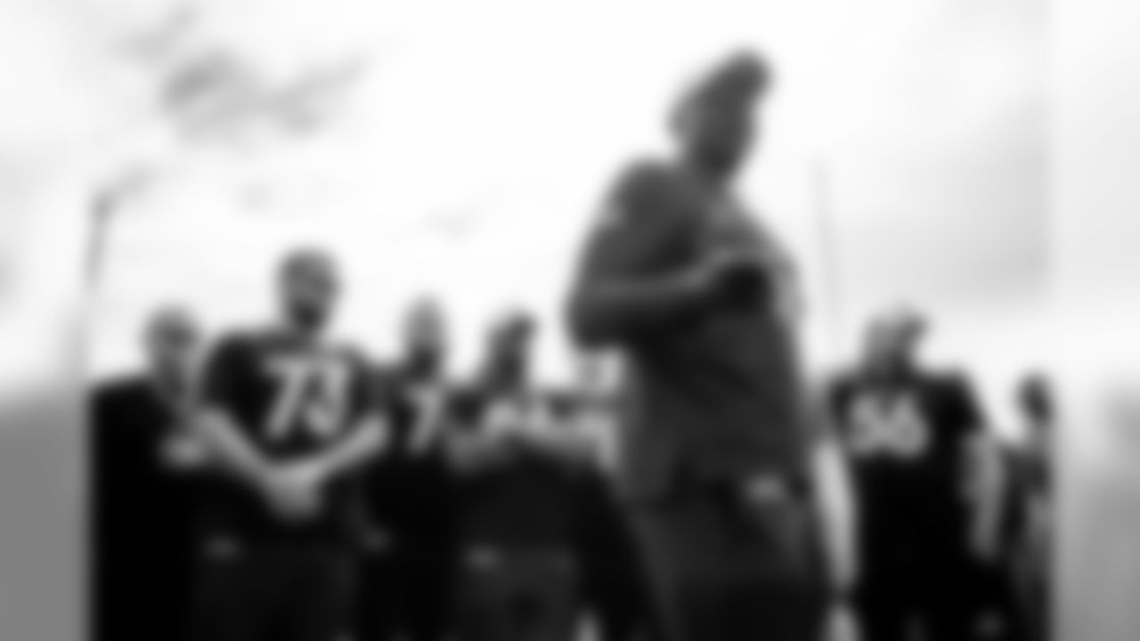 Baltimore Ravens guard Marshal Yanda (73) listens in a huddle during the AFC practice for the 2020 NFL Pro Bowl football game. Wednesday, Jan. 22, 2020 in Orlando, Fla.