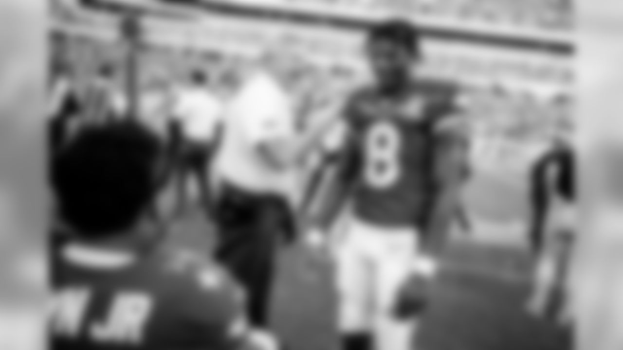Offensive line coach Joe D'Alessandris and quarterback Lamar Jackson on the sideline at the 2020 Pro Bowl game, Sunday, Jan. 26, 2020 in Orlando, Fla.