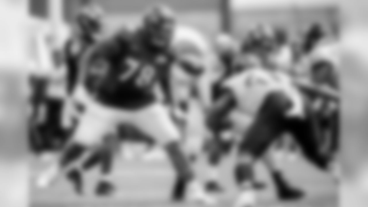 The Baltimore Ravens hold a joint training camp practice with the Jacksonville Jaguars at the Under Armour Performance Center on August 5, 2019 in Owings Mills, MD.