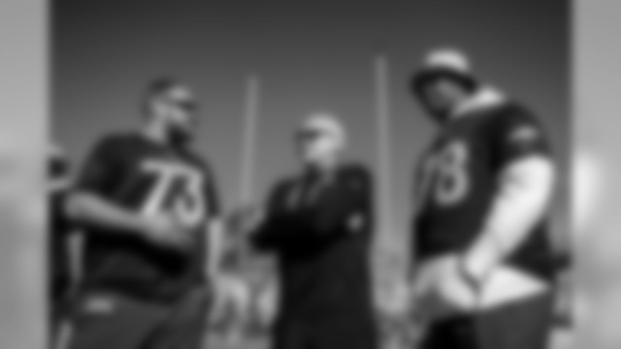 Baltimore Ravens guard Marshal Yanda (73), offensive line coach Joe D'Alessandris and tackle Orlando Brown Jr. (78) during the AFC practice for the 2020 NFL Pro Bowl football game. Wednesday, Jan. 22, 2020 in Orlando, Fla.