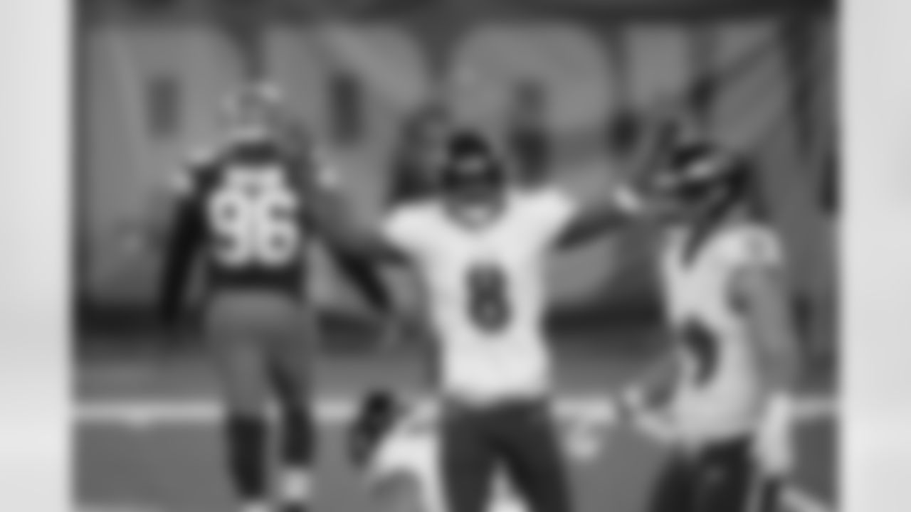 Baltimore Ravens quarterback Lamar Jackson (8) celebrates during an NFL football game against the Cleveland Browns on Monday, December 14, 2020 in Cleveland, Ohio. (Cooper Neill/NFL)