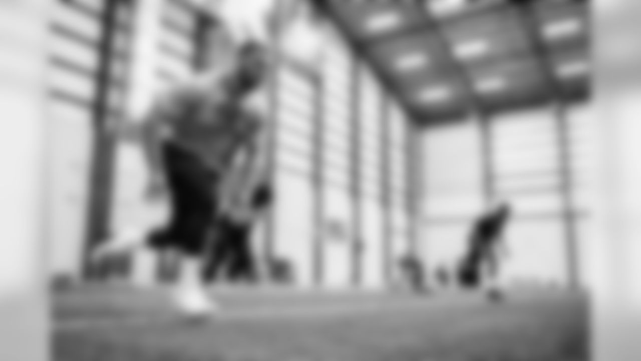 Baltimore Ravens' players participate in the first day of team offseason workouts at the Under Armor Performance Center on April 15, 2019 in Owings Mills, MD.
