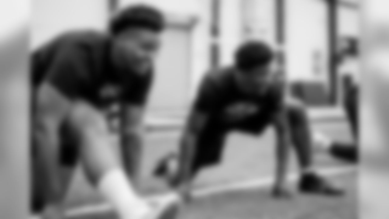 Baltimore Ravens' players participate in the first day of team offseason workouts at the Under Armor Performance Center on April 15, 2019 in Owings Mills, MD.