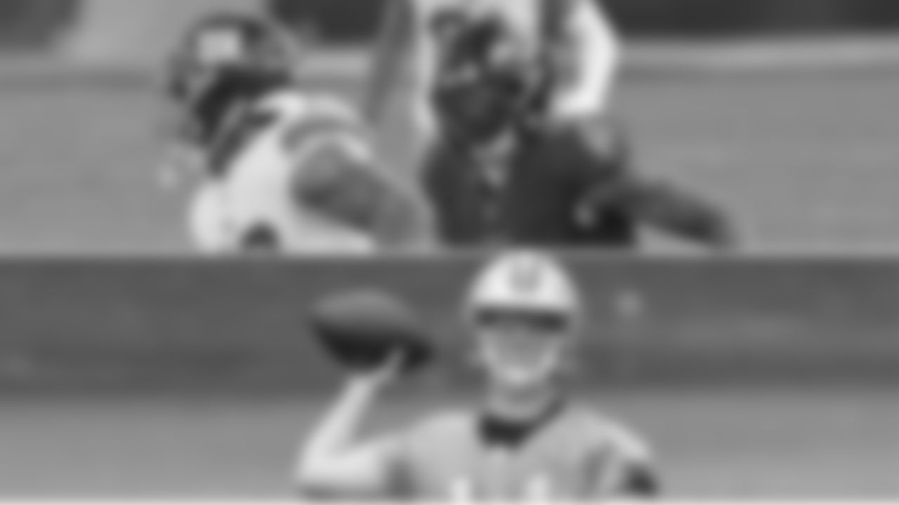 S Chuck Clark vs. QB Sam Darnold
The last time Darnold faced the Ravens, he was a member of the New York Jets in 2019. The Ravens blew the Jets out, 42-21, on Thursday Night Football as Jackson set the new record for most rushing yards by a quarterback in a single season. Darnold, however, had an uneven night in which he was intercepted by Clark. A major student of the game, Clark will have fun playing mind games with Darnold.(Top: Shawn Hubbard/Baltimore Ravens Photos; Bottom: Nell Redmond/AP Photo)