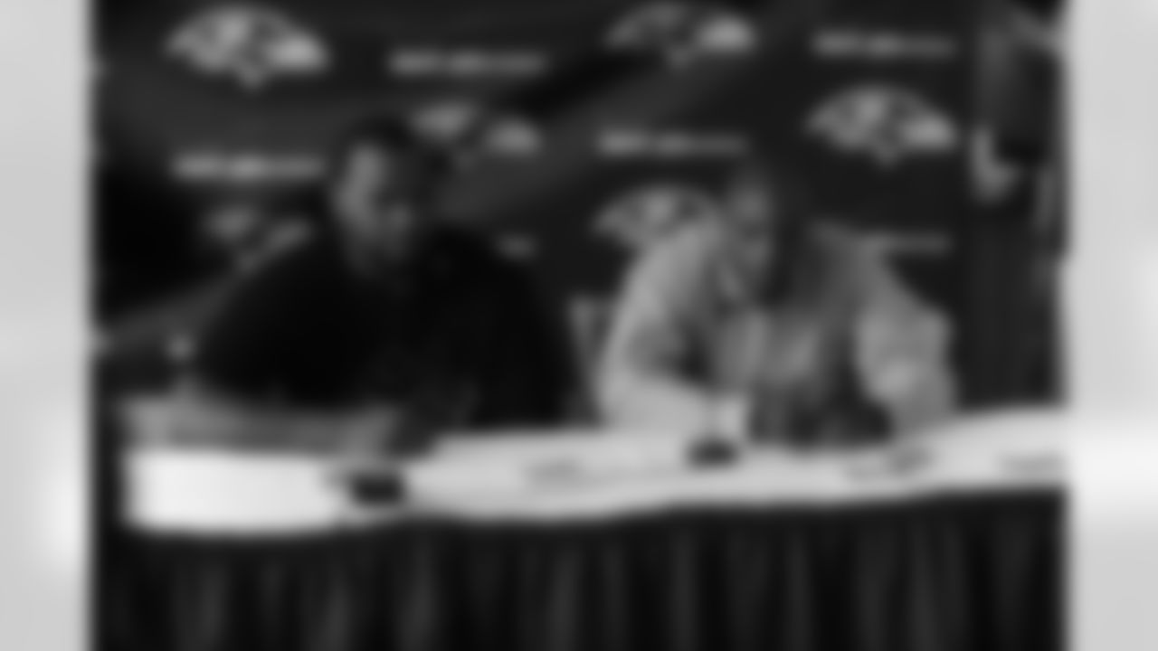 Tackle Michael Oher and General Manager & Executive VP Ozzie Newsome talk with the media during a press conference following the first-round draft pick's signing.