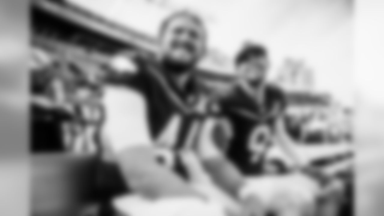 Long snapper Morgan Cox and kicker Justin Tucker laugh together on the bench at the 2020 Pro Bowl game, Sunday, Jan. 26, 2020 in Orlando, Fla.