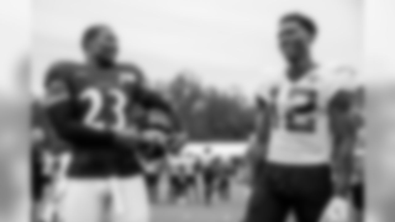 The Baltimore Ravens hold a joint training camp practice with the Jacksonville Jaguars at the Under Armour Performance Center on August 5, 2019 in Owings Mills, MD.