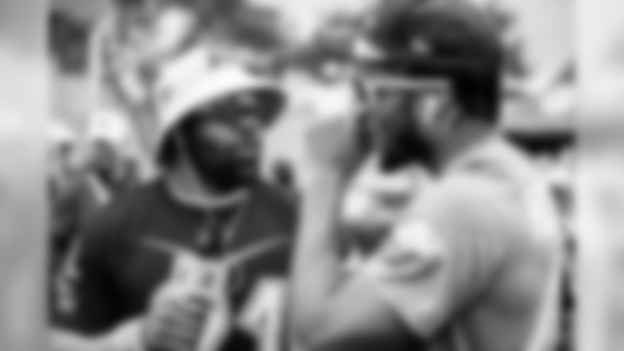 Running back Mark Ingram II interviews cornerback Marlon Humphrey during the 2020 Pro Bowl practice, Thursday, Jan. 23, 2020 in Orlando, Fla.