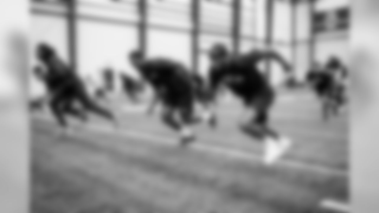 Baltimore Ravens' players participate in the first day of team offseason workouts at the Under Armor Performance Center on April 15, 2019 in Owings Mills, MD.