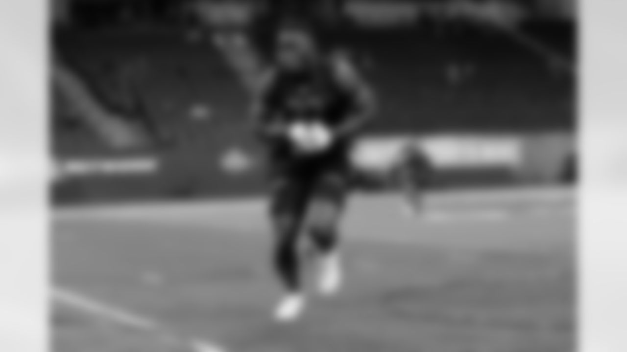 Kansas linebacker Azur Kamara runs a drill during the 2020 NFL Scouting Combine, Saturday, Feb. 29, 2020 in Indianapolis. (Logan Bowles/NFL)