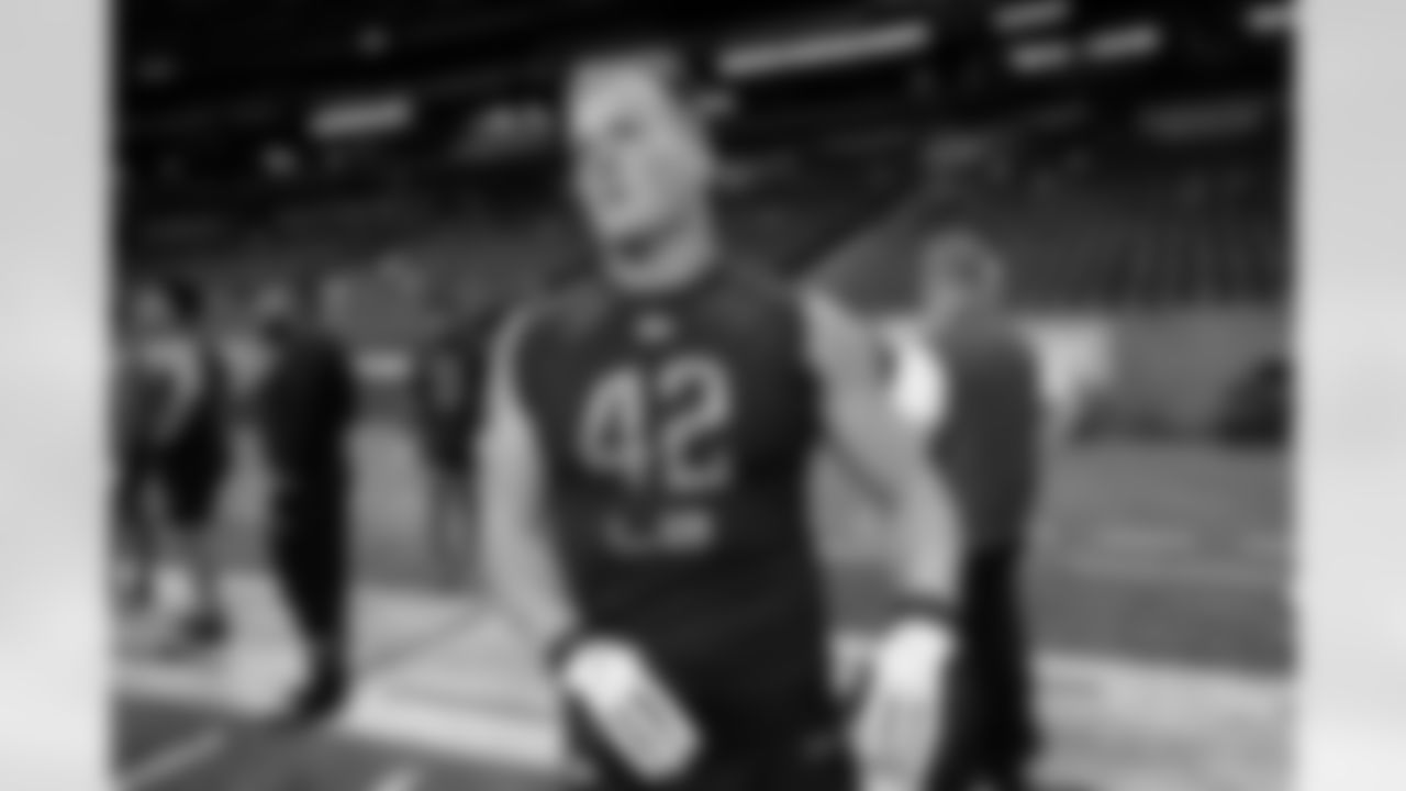 California linebacker Evan Weaver looks on during the 2020 NFL Scouting Combine, Saturday, Feb. 29, 2020 in Indianapolis. (Logan Bowles/NFL)