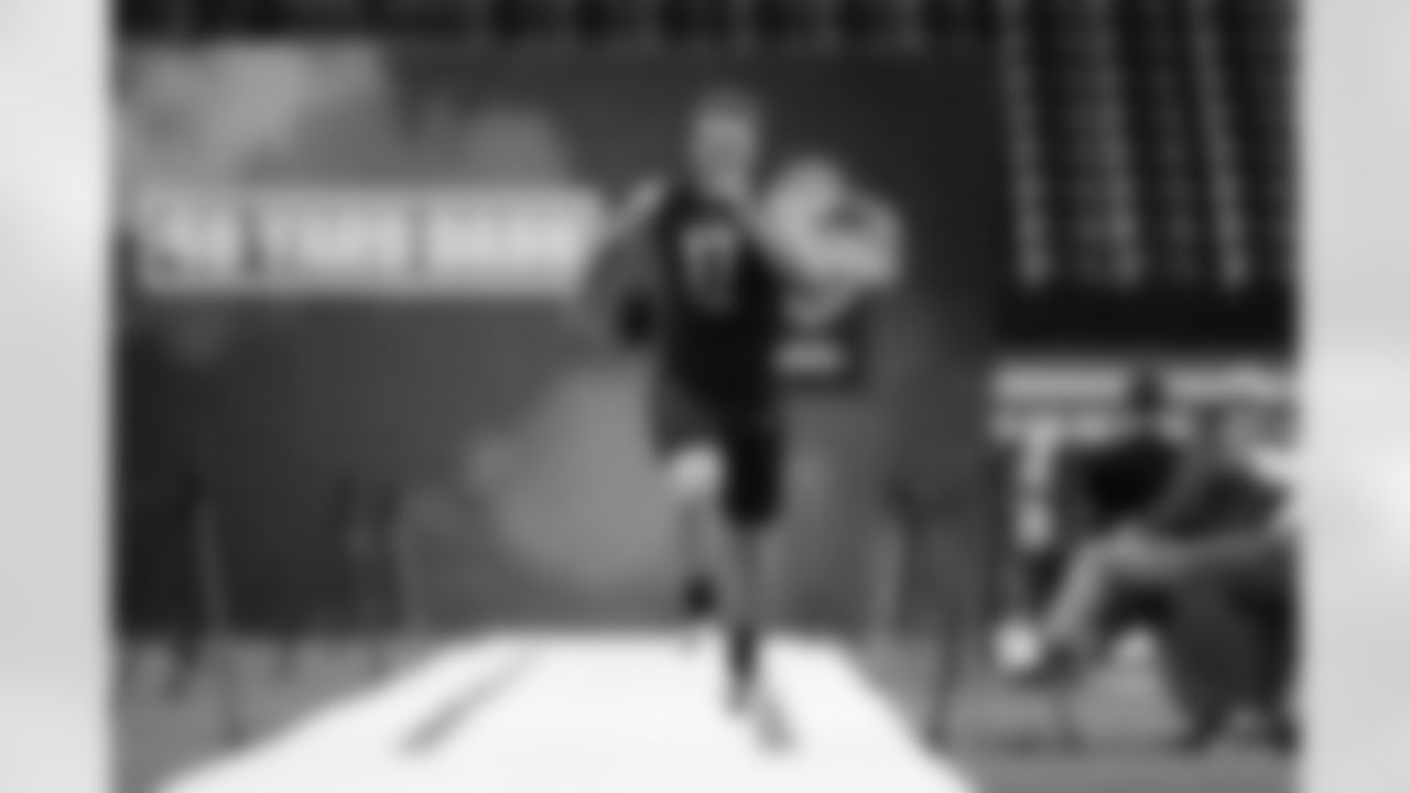 Dayton tight end Adam Trautman runs the 40-yard dash during the 2020 NFL Scouting Combine, Thursday, Feb. 27, 2020 in Indianapolis. (Ben Liebenberg/NFL)