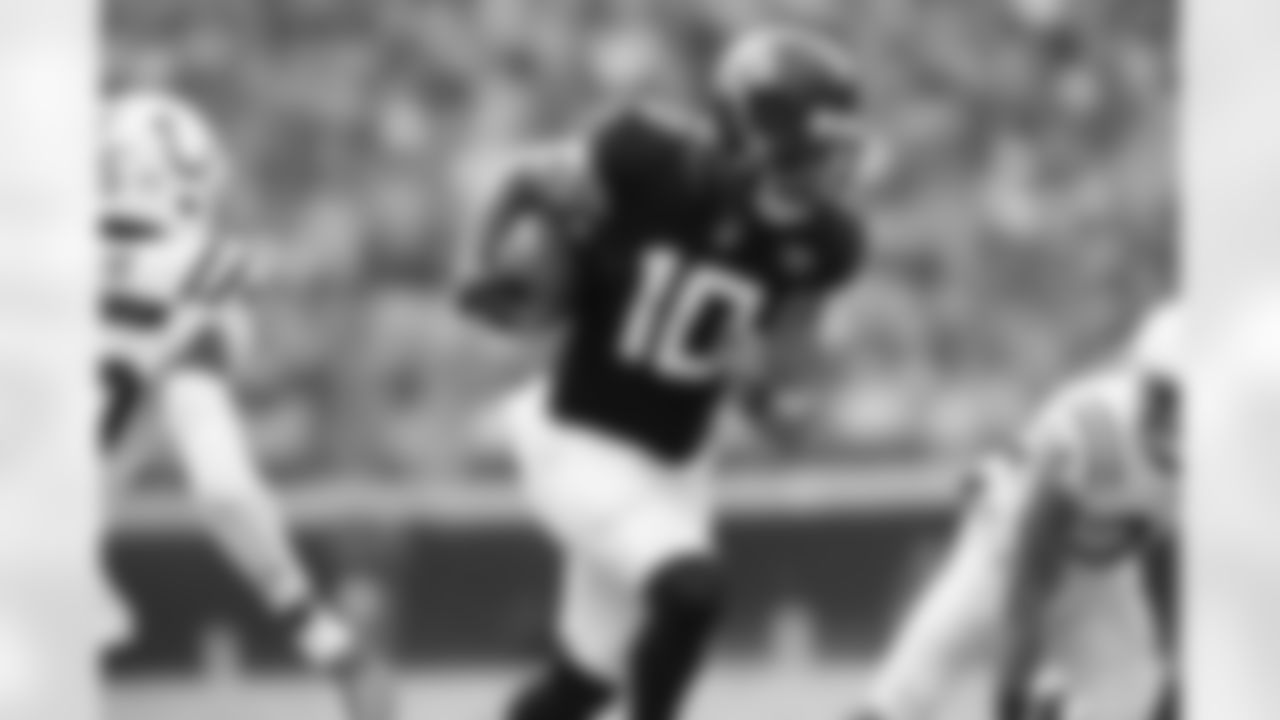 Jacksonville Jaguars wide receiver Donte Moncrief (10) makes a reception and runs upfield during the first half of an NFL football game against the Indianapolis Colts on Sunday, Dec. 2, 2018, in Jacksonville, Fla. The Jaguars won 6-0. (Perry Knotts via AP)