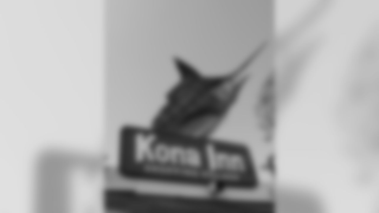 A marlin decorates a sign, Wed, Jan. 16, 2019, in Kailua Kona, Hawaii. NFL football center Max Unger grew up on the Big Island and spent his youth around the Kailua Kona area. (Marco Garcia for the New Orleans Saints)
