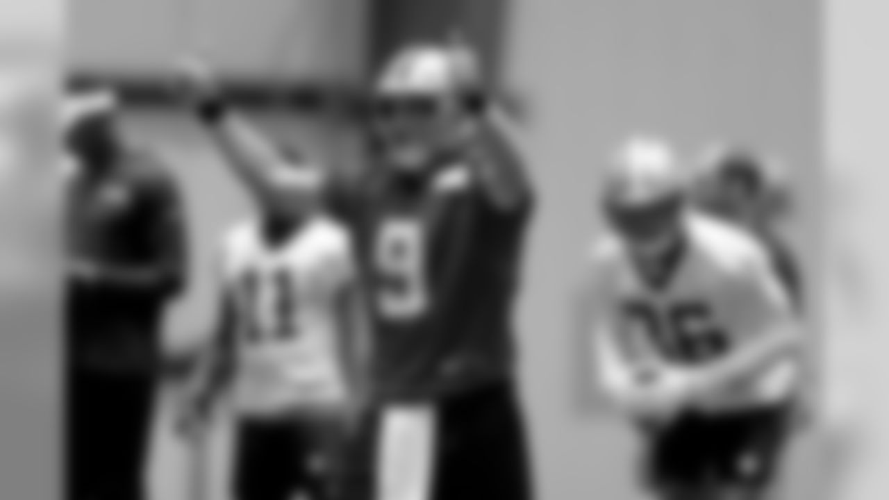 New Orleans Saints quarterback Drew Brees (9) directs the offense during training camp practice at the team's headquarters in Metairie on Monday, August 19, 2019.