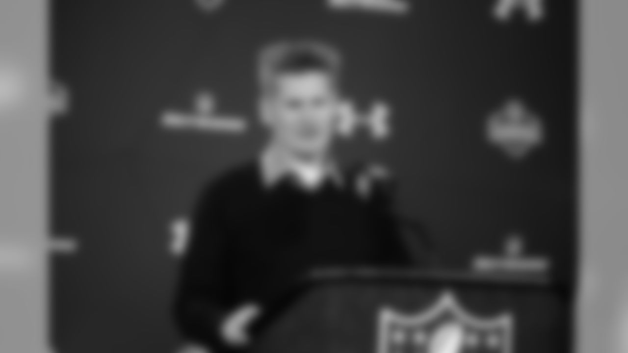 Atlanta Falcons general manager Thomas Dimitroff speaks to the media at the 2014 NFL Scouting Combine at Lucas Oil Stadium in Indianapolis, on February 21, 2014. (AP Photo/Johnny Vy)