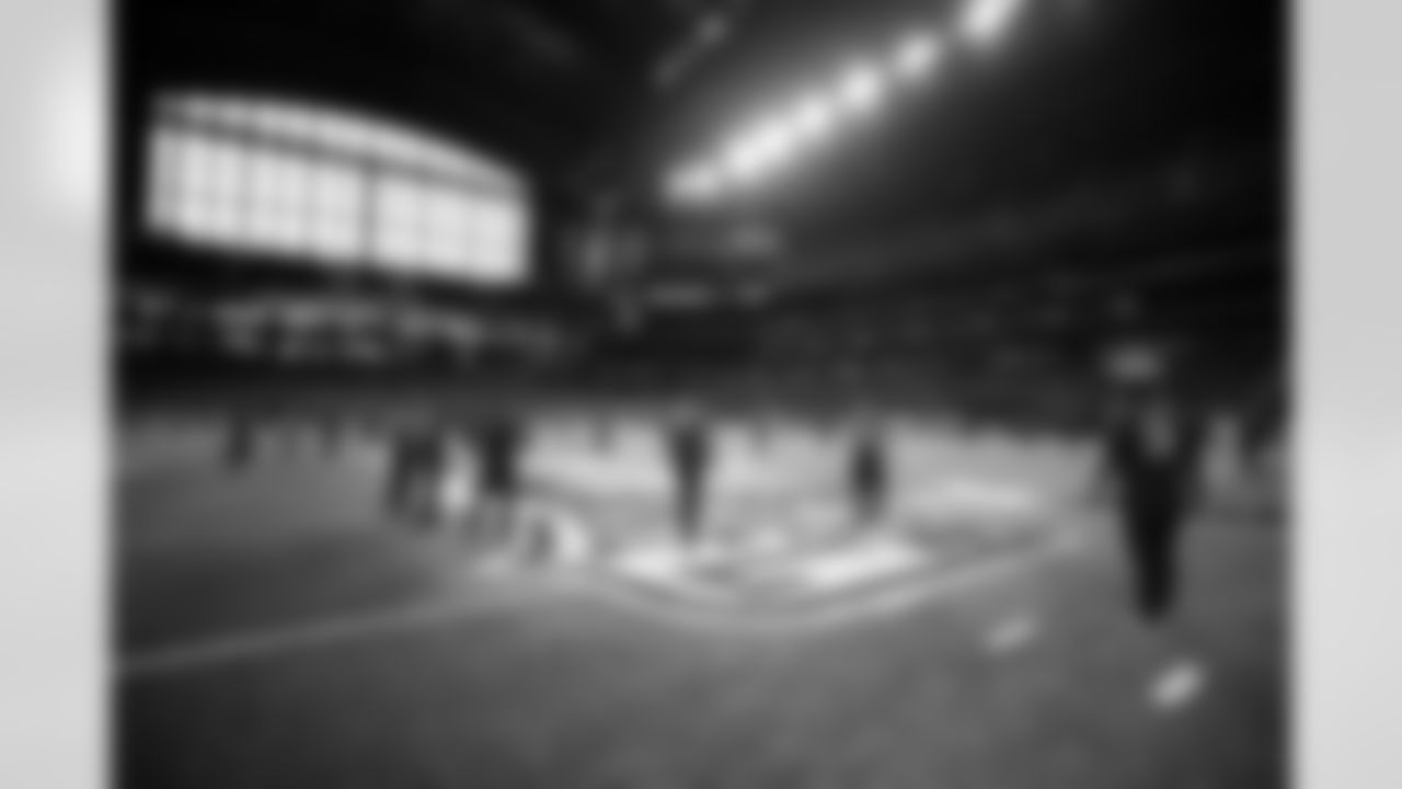 Defensive backs warm up during the 2019 Scouting Combine,Monday, Mar. 4, 2019 in Indianapolis. (Logan Bowles/NFL)