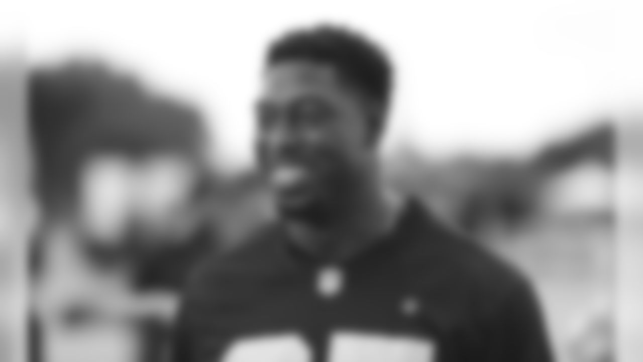 Oakland Raiders' tight end Jared Cook gives a television interview during an NFL flag schools event at King's House Sports Ground in Chiswick, west London, Wednesday, July 18, 2018. (AP Photo/Robert Stevens)