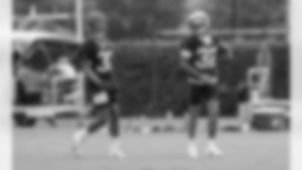 New Orleans Saints safeties Justin Evans and Tyrann Mathieu complete a drill at the team's 2022 OTA practices on June 9, 2022 at the Ochsner Sports Performance Center.