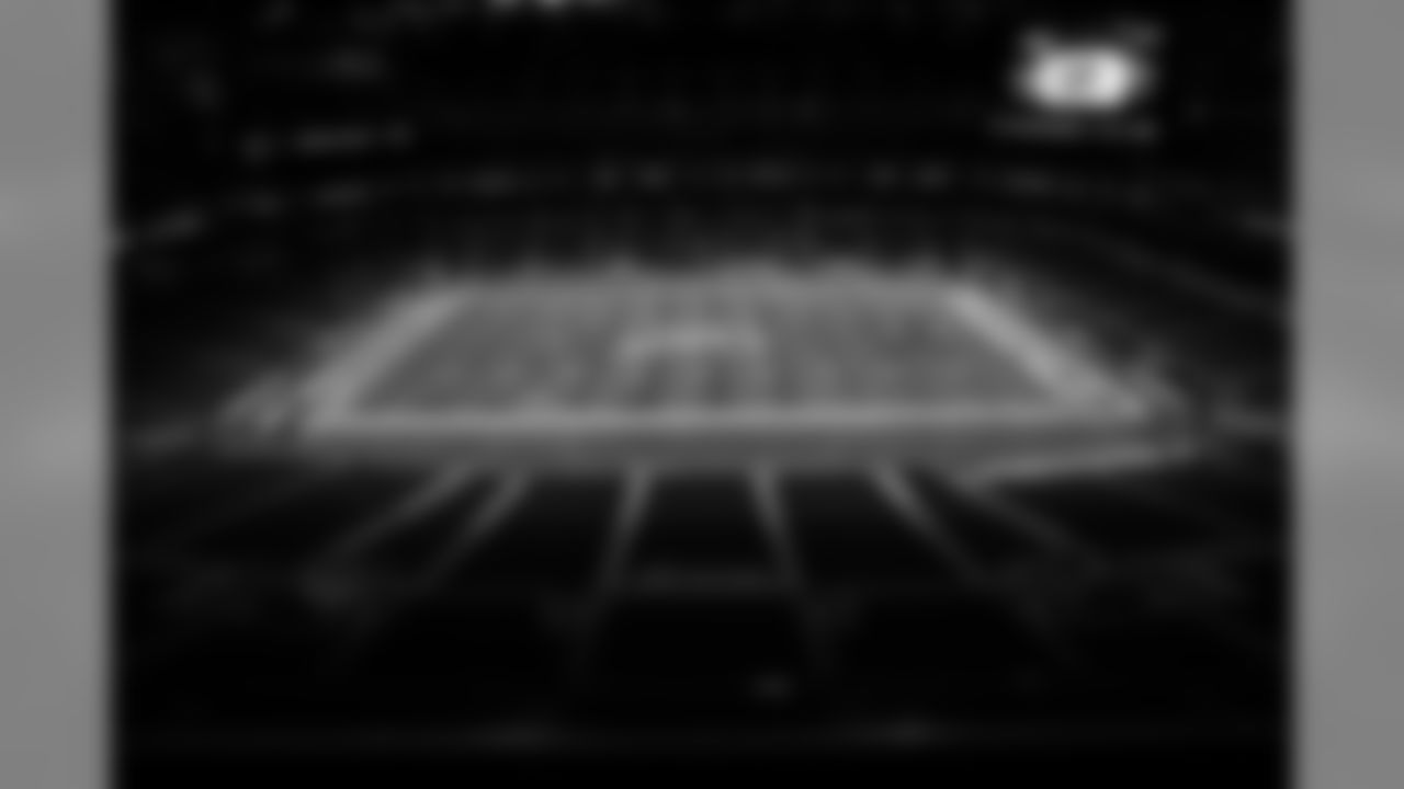 A general view of the NFL 100 logo and field during the 2019 Scouting Combine,Thursday, Feb. 28, 2019 at Lucas Oil Stadium in Indianapolis. (Hiro Ueno/NFL)