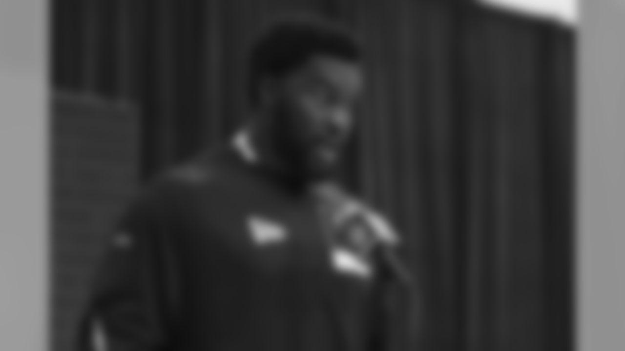 Kansas tackle Hakeem Adeniji speaks to media during the 2020 NFL Scouting Combine, Wednesday, Feb. 26, 2020 in Indianapolis. (Aaron Doster/NFL)