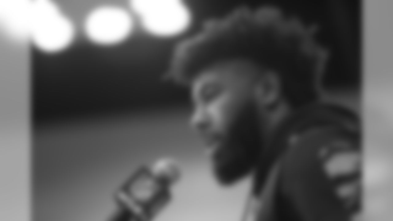 Florida running back Lamical Perine speaks to the media during the 2020 NFL Scouting Combine, Wednesday, Feb. 26, 2020 in Indianapolis. (Logan Bowles/NFL)