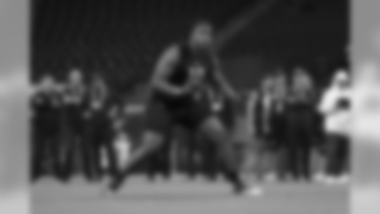 Charlotte tackle Cameron Clark runs a drill during the 2020 NFL Scouting Combine, Friday, Feb. 28, 2020 in Indianapolis. (Aaron Doster/NFL)