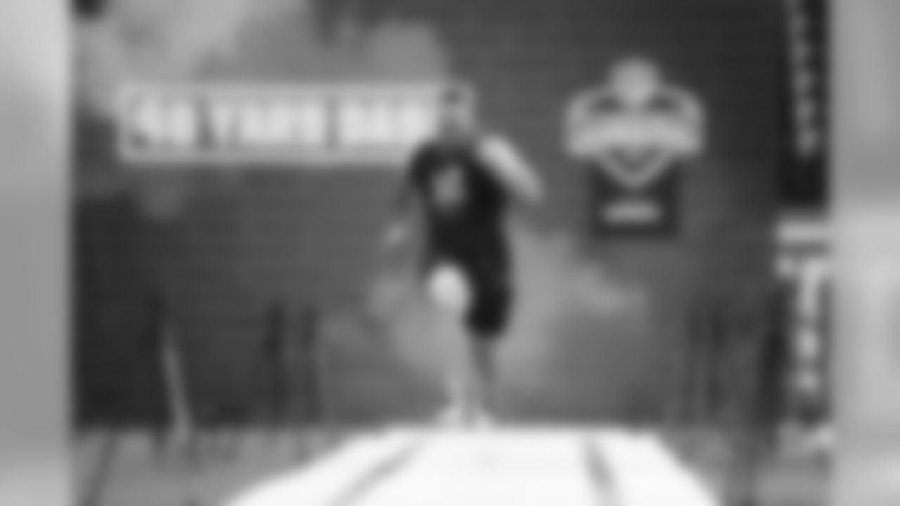 Boise St. guard John Molchon runs the 40-yard dash during the 2020 NFL Scouting Combine, Friday, Feb. 28, 2020 in Indianapolis. (Ben Liebenberg/NFL)