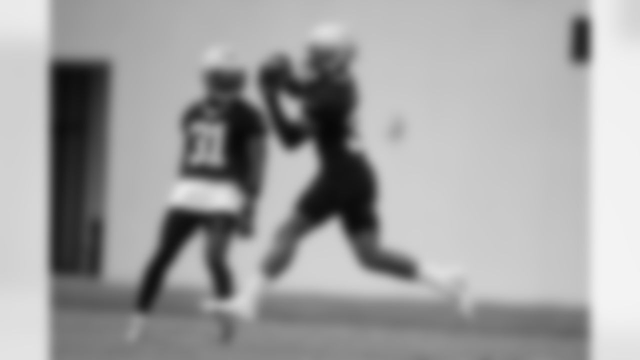 New Orleans Saints defensive backs run a catching drill at the team's 2022 OTA practices on June 9, 2022 at the Ochsner Sports Performance Center.