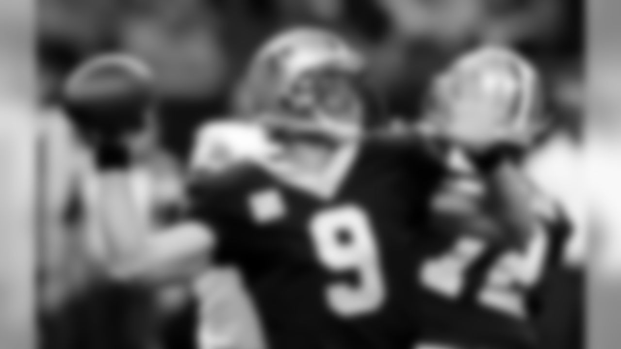 New Orleans Saints quarterback Drew Brees (9) passes in the first half of an NFL football game against the Detroit Lions in New Orleans, Sunday, Oct. 15, 2017. (AP Photo/Bill Feig)