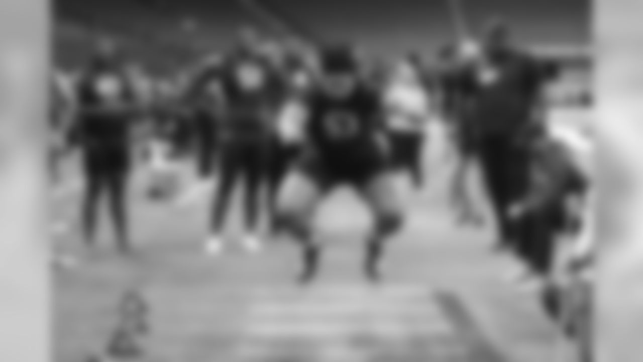 Iowa tackle Tristan Wirfs participates in the broad jump during the 2020 NFL Scouting Combine, Friday, Feb. 28, 2020 in Indianapolis. (Logan Bowles/NFL)