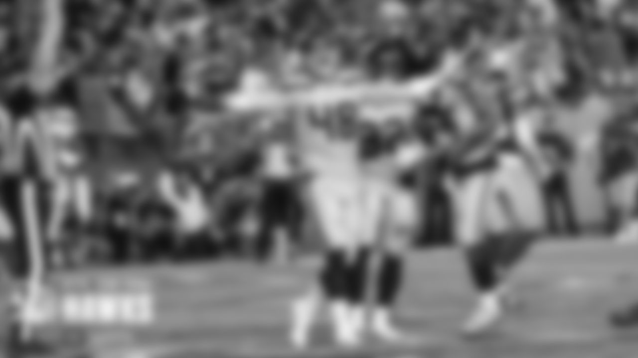 Seahawks tight end Jacob Hollister celebrates his third quarter touchdown.
