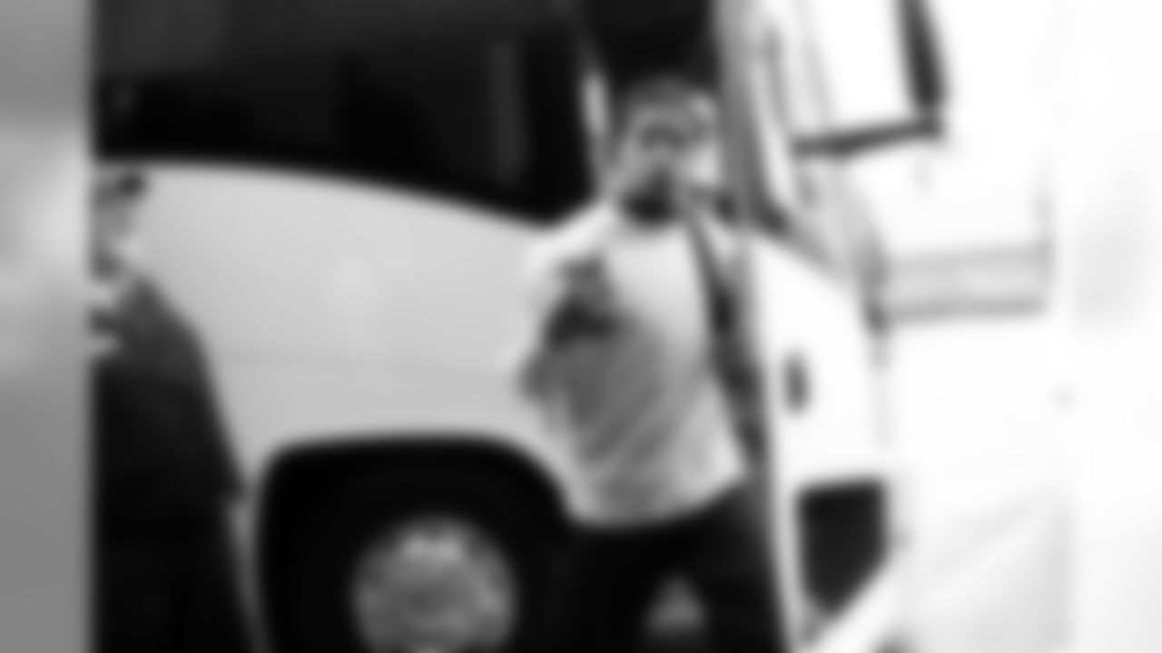 Bradley McDougald exits the bus after arriving back at the team's hotel in Detroit.