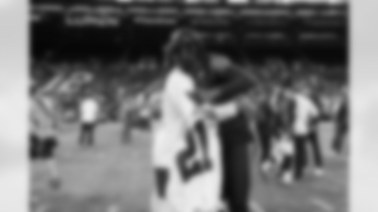 Seahawks cornerback Riq Woolen (27) exchanges a hug with Cowboys cornerback Stephon Gilmore after a preseason game at Lumen Field in Seattle, Wash. on August 19, 2023.