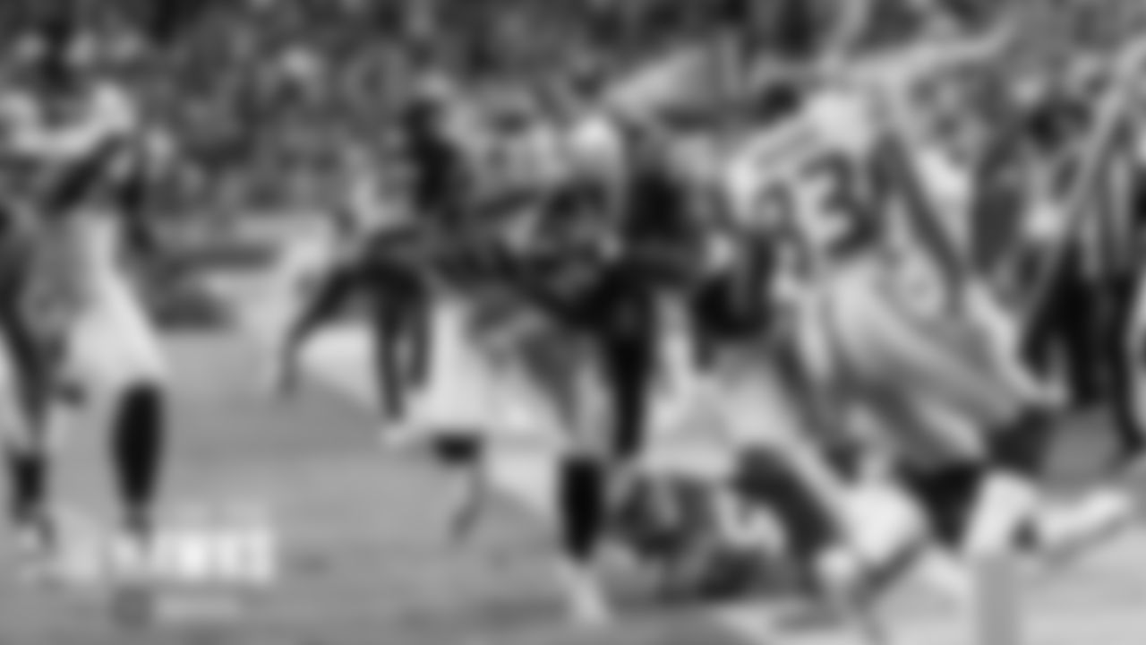 As Seahawks receiver DK Metcalf nears the end zone, he starts to get the ball stripped away, resulting in a fumble.