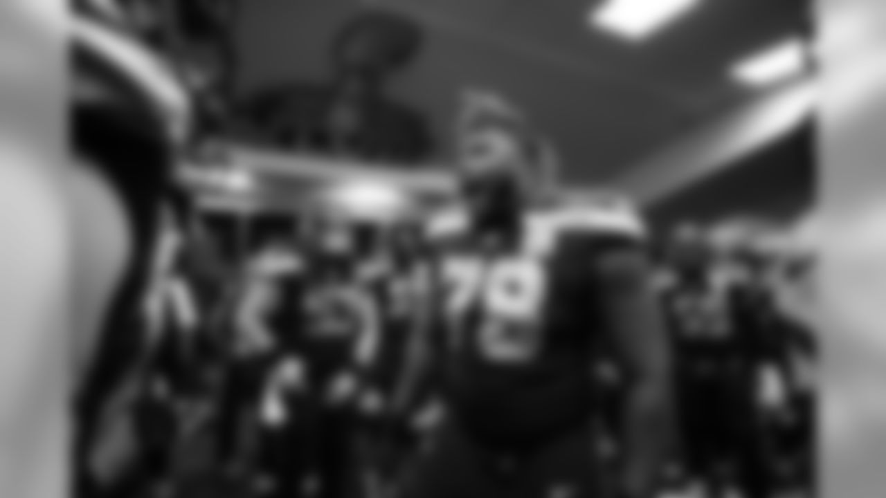 In the Seahawks locker room, offensive guard D.J. Fluker spoke to the team before the headed to the field for kickoff.