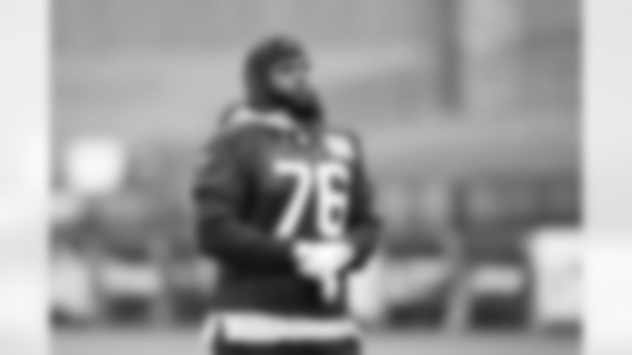 Seahawks tackle Jalen McKenzie (76) at practice ahead of their preseason Thursday matchup at the Virginia Mason Athletic Center in Renton, Wash. on Aug. 9, 2023.