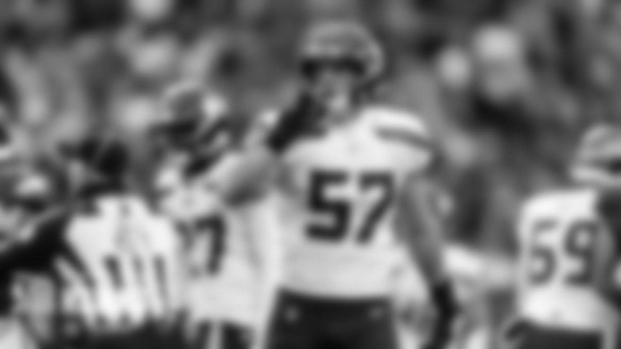 Seahawks linebacker Cody Barton celebrates after a special teams tackle.