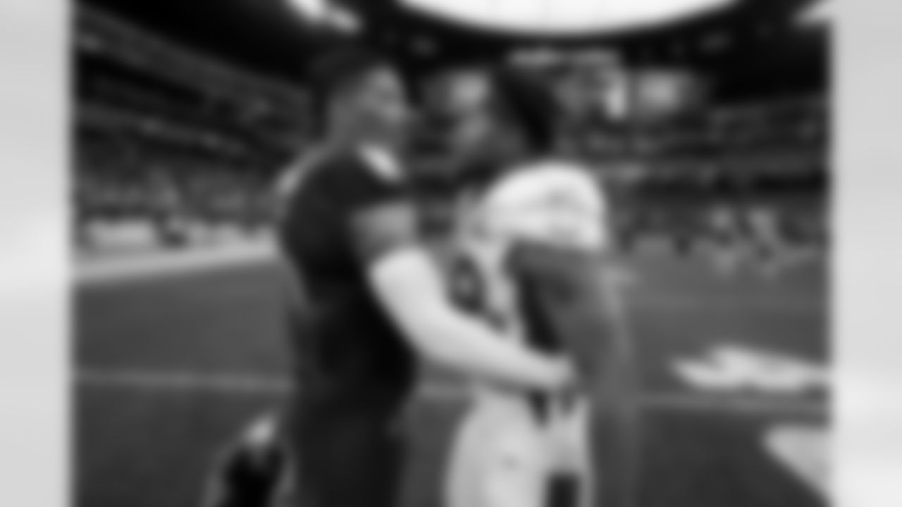 Arizona Cardinals running back James Conner (6) talks with Indianapolis Colts running back Jonathan Taylor (28) after the 2022 Pro Bowl game on Sunday, February 6, 2022 in Las Vegas, Nevada. (Logan Bowles/NFL)