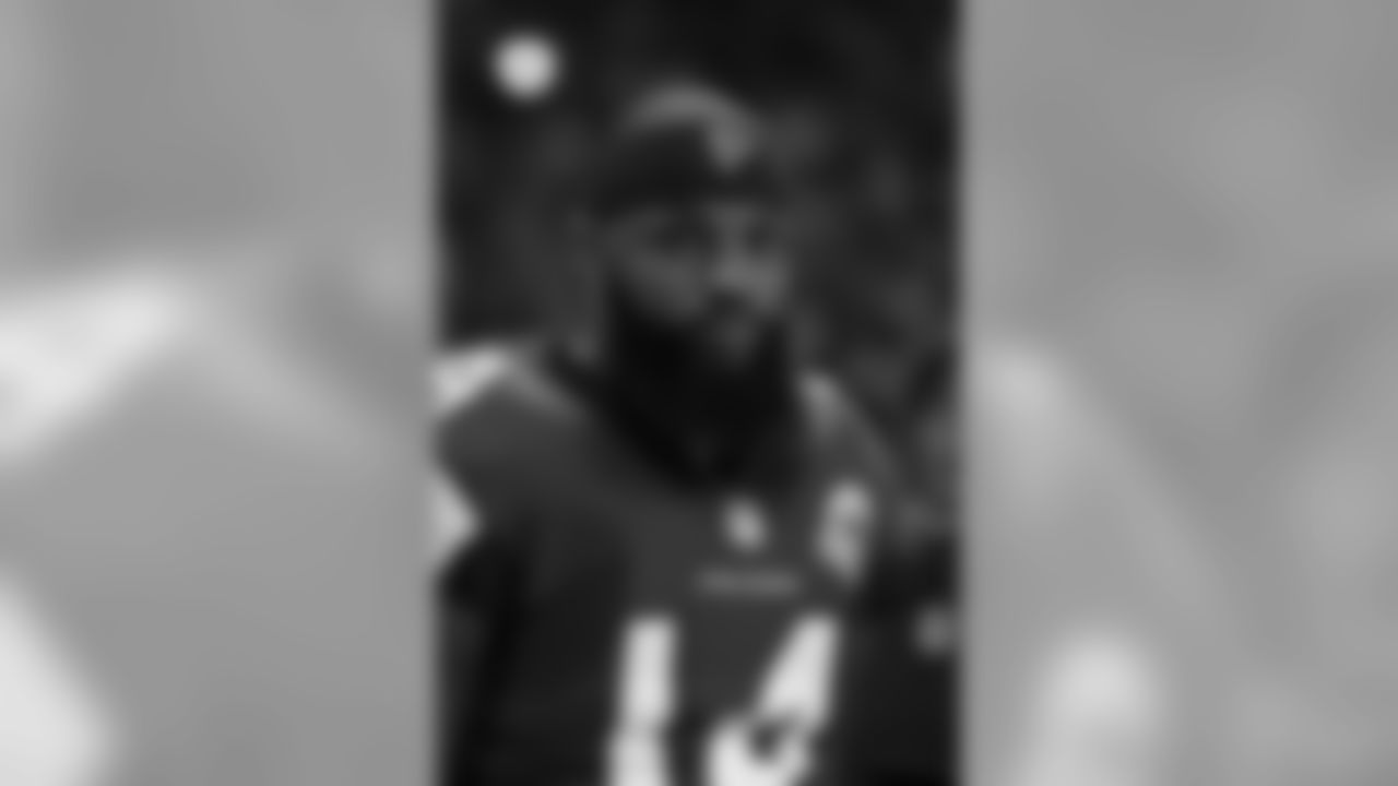 Atlanta Falcons wide receiver Justin Hardy (14) during the national anthem prior to an NFL game against the Green Bay Packers at Mercedes-Benz Stadium, Sunday, Sept. 17, 2017, in Atlanta. The Falcons defeated the Packers 34-23. (Perry Knotts via AP)