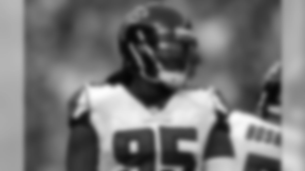 Atlanta Falcons nose tackle Jonathan Babineaux looks on against the Denver Broncos during the first half of an NFL football game, Sunday, Oct. 9, 2016, in Denver. (AP Photo/Jack Dempsey)