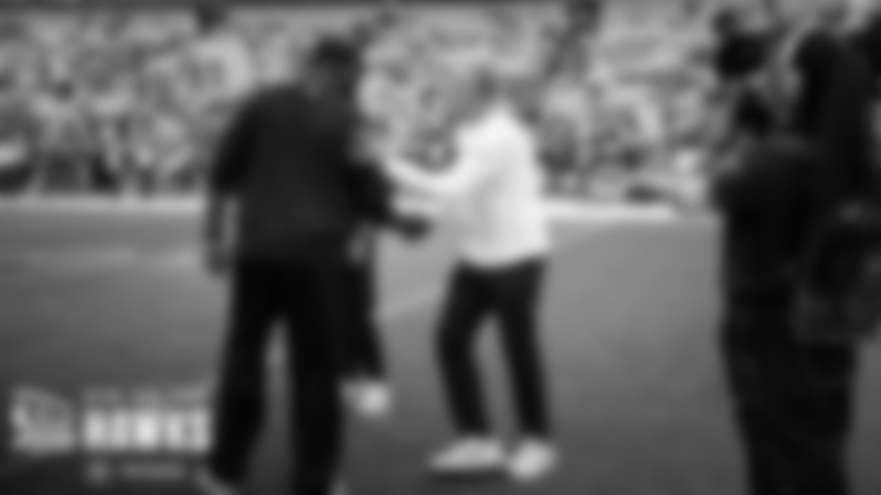 Head coaches Pete Carroll and Mike Tomlin exchange pleasantries as the respective teams were on the field during warmups.