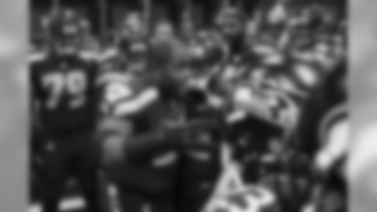 Defensive lineman Brandon Mebane addresses the Seahawks moments before they left their locker room to take the field against the visiting Cleveland Browns.