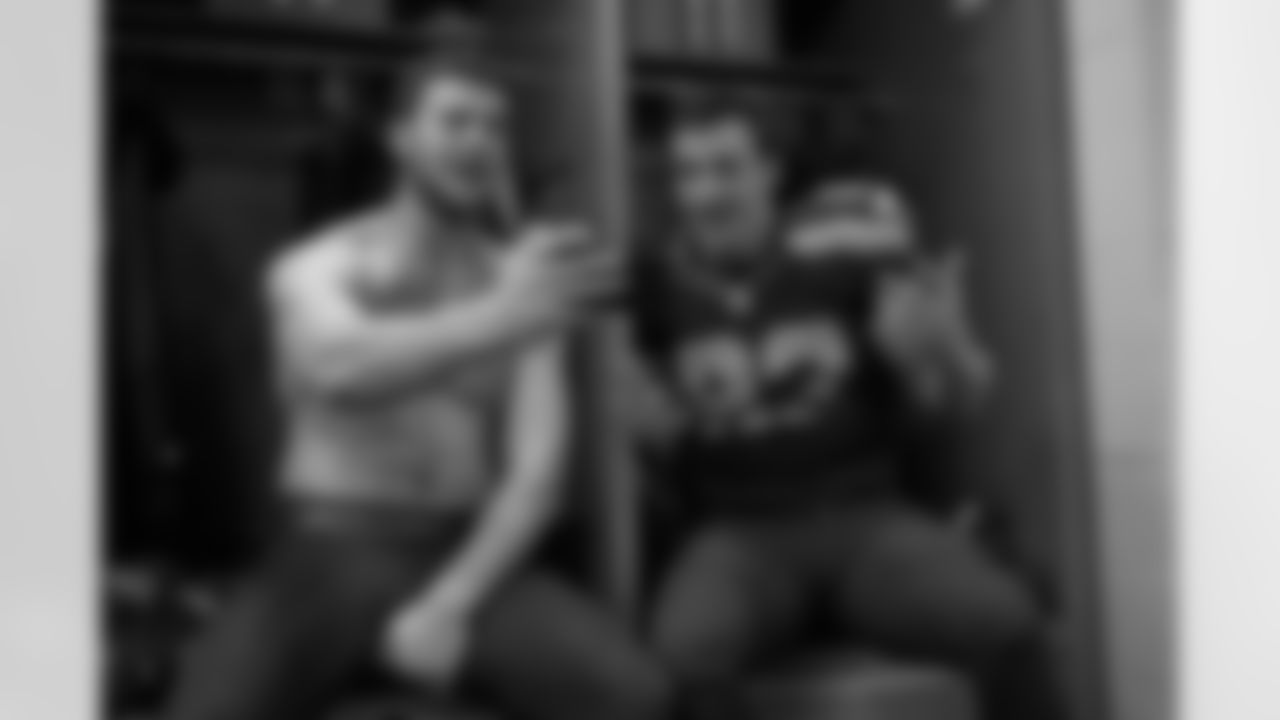 Tight ends Cooper Helfet and Luke Willson film a quick video in the victorious Seahawks locker room after the game.