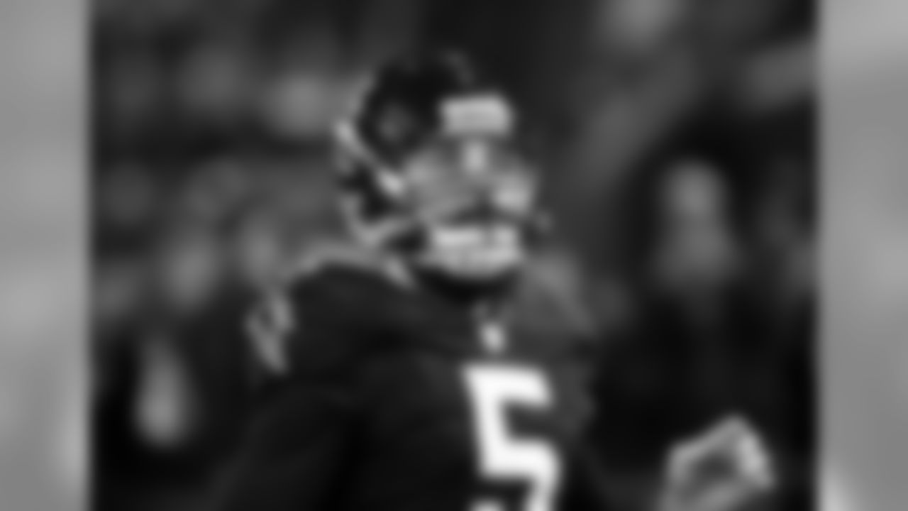 Atlanta Falcons punter Matt Bosher (5) follows a warm kick before play in a week 15 NFL football game against the San Francisco 49ers Dec. 18, 2016 in Atlanta. The Falcons won 41 - 13. (Al Messerschmidt via AP)