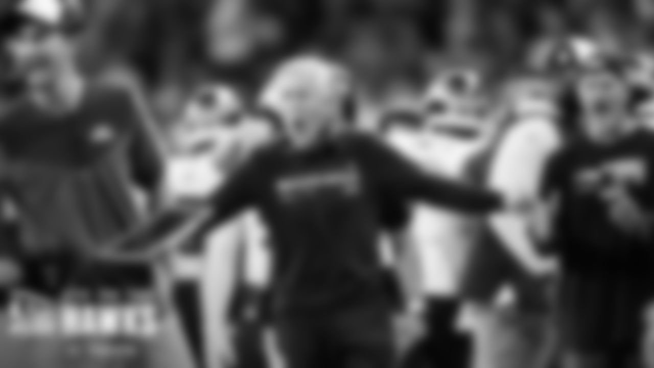 Seahawks head coach Pete Carroll lets out a yell after Rashaad Penny's 41-yard TD gave the Seahawks a two-score lead late in the game.