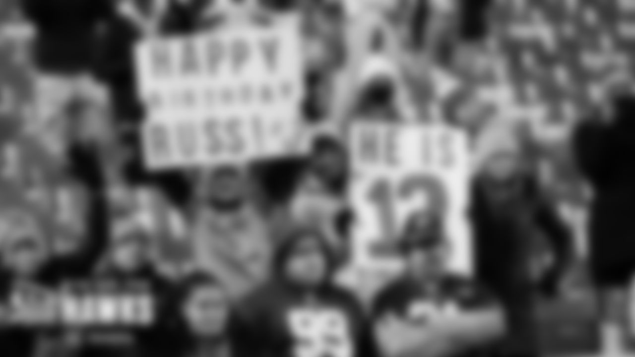 12s in the stands at FedEx Field wish Seahawks quarterback Russell Wilson a happy birthday.
