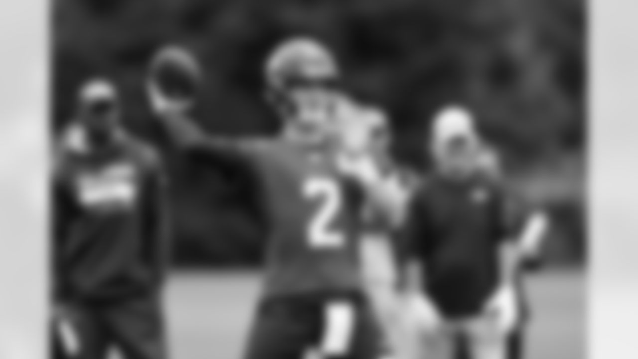 Seahawks quarterback Drew Lock (2) at practice ahead of their preseason Thursday matchup at the Virginia Mason Athletic Center in Renton, Wash. on Aug. 9, 2023.